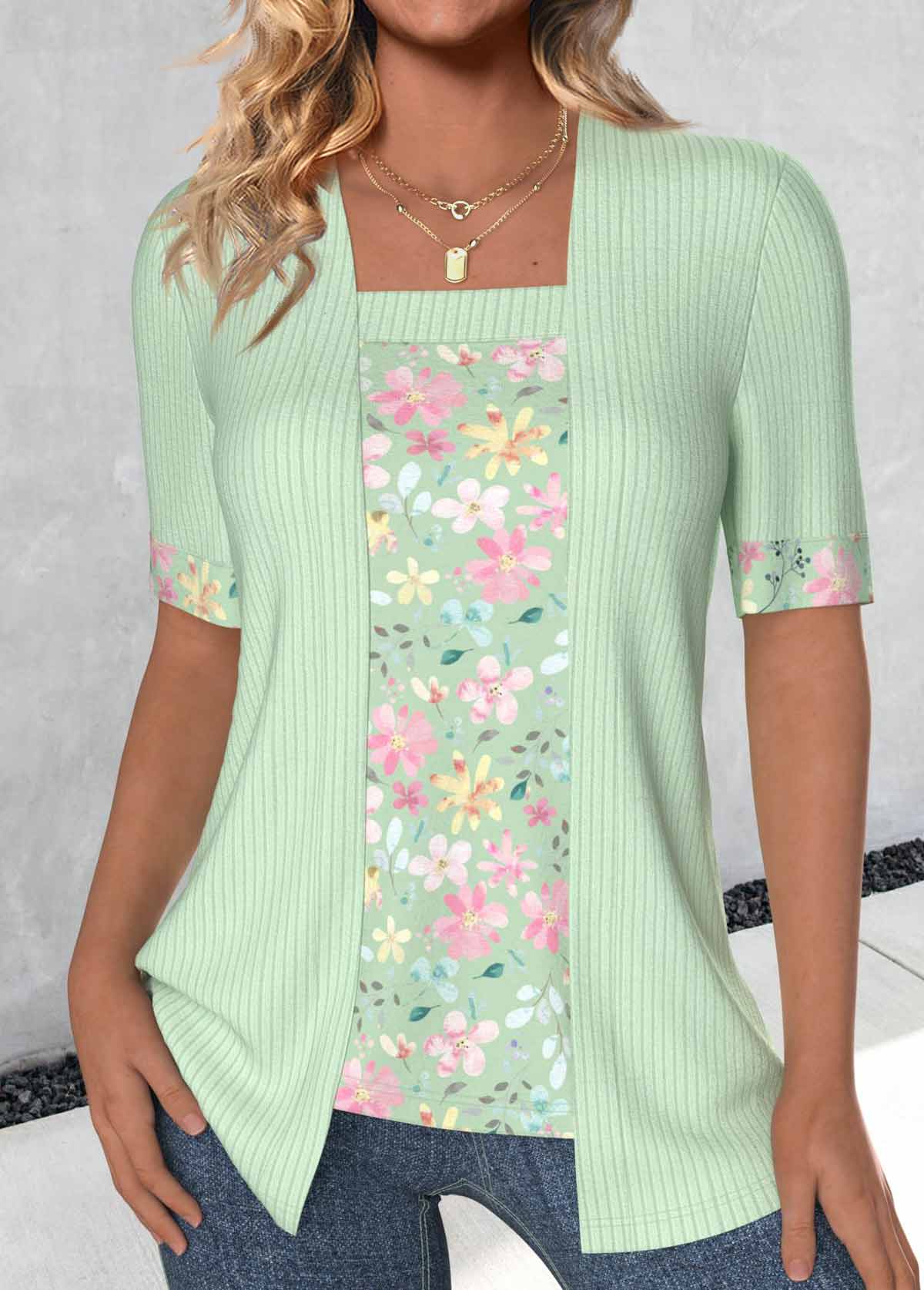 Light Green Fake 2in1 Floral Print T Shirt