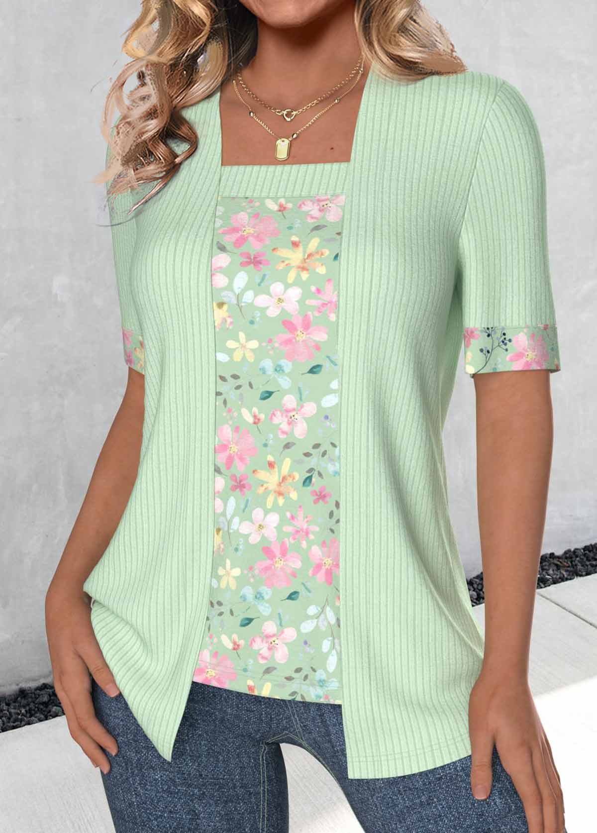Light Green Fake 2in1 Floral Print T Shirt