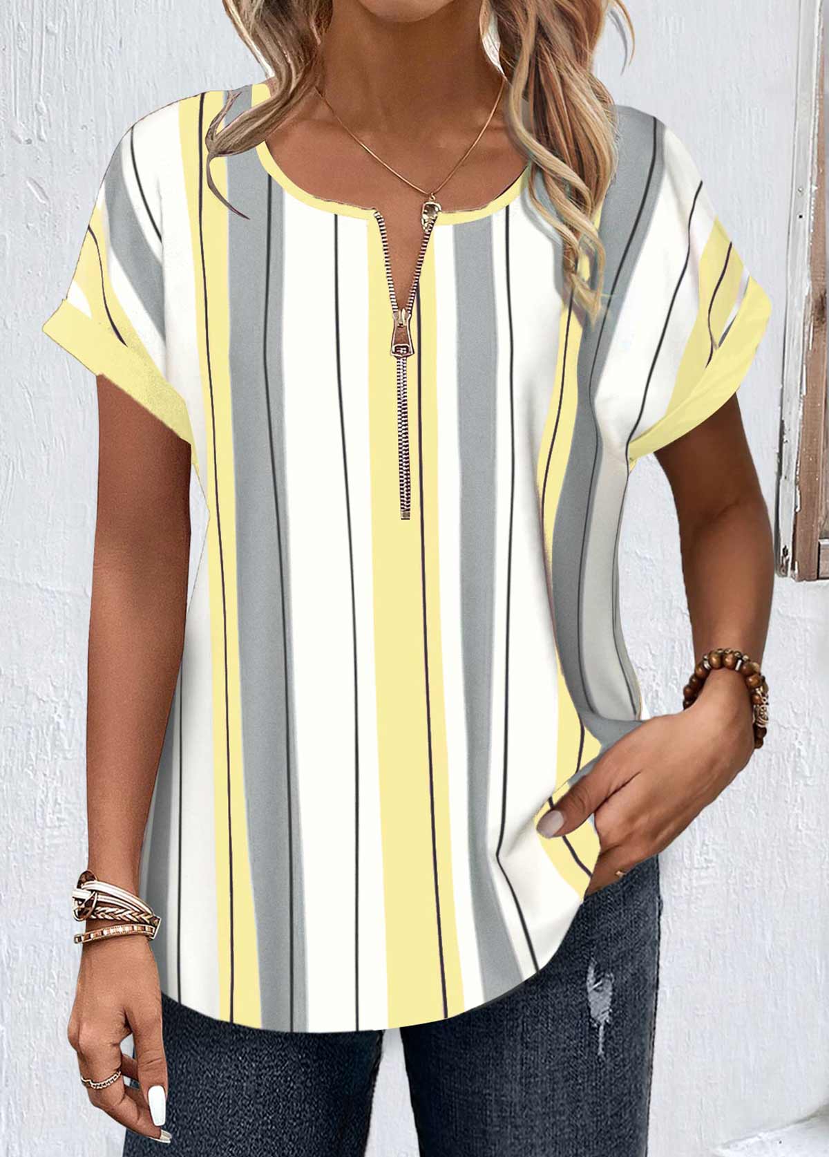Light Yellow Zipper Striped Short Sleeve Round Neck Shirt