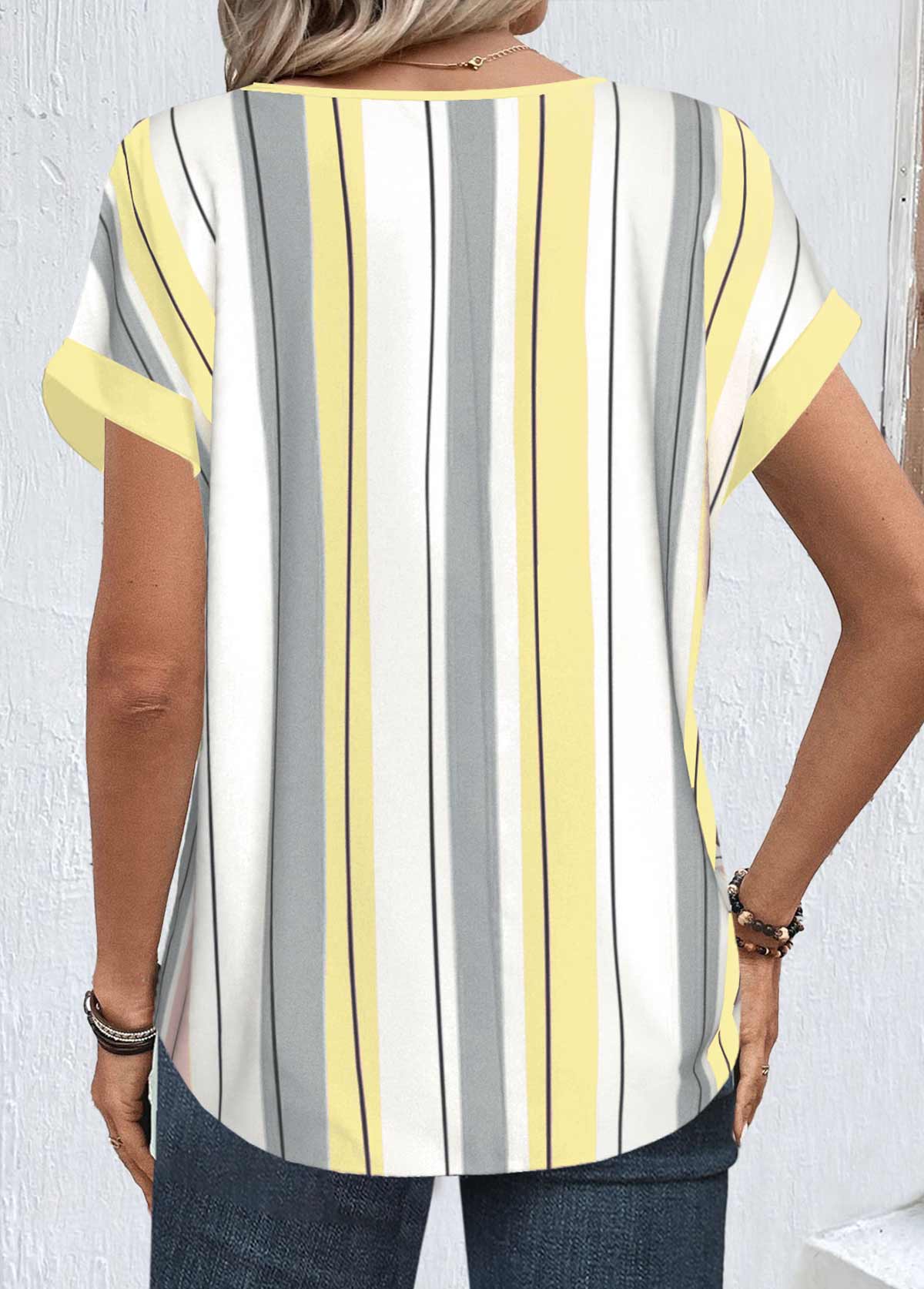 Light Yellow Zipper Striped Short Sleeve Round Neck Shirt