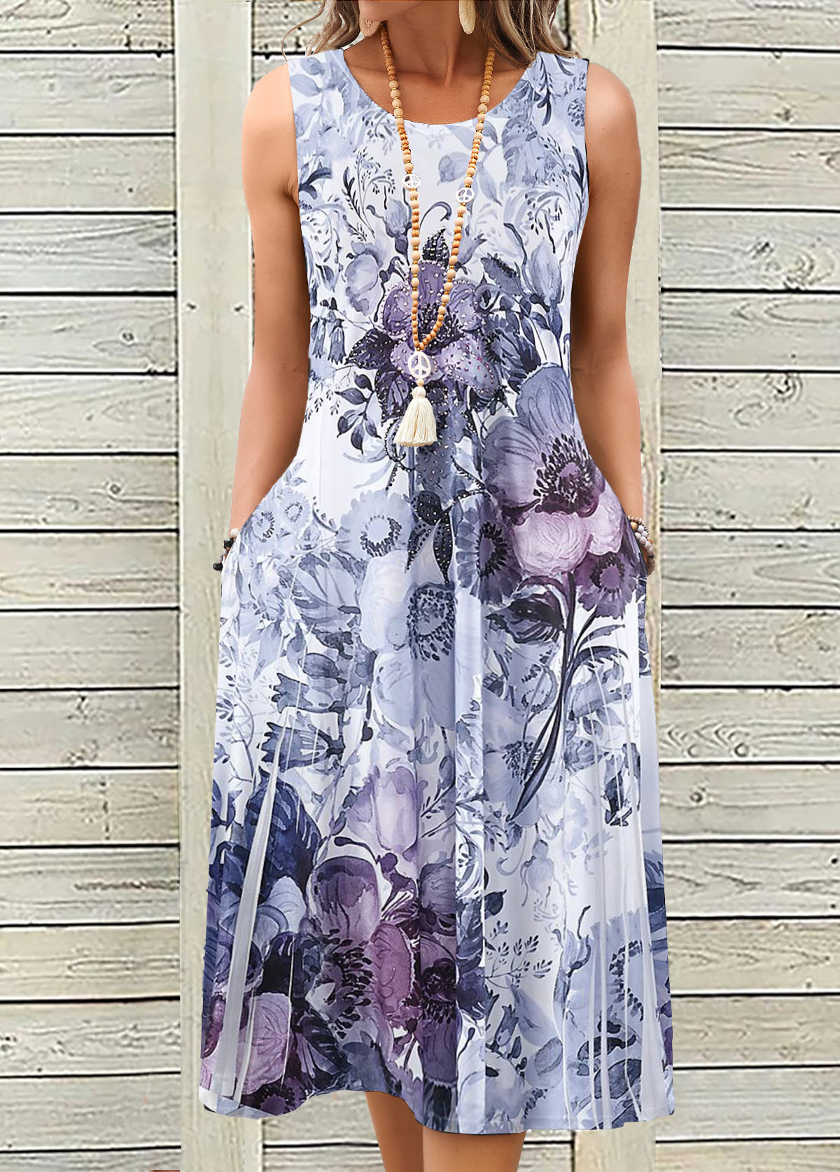 Dusty Purple Breathable Floral Print A Line Sleeveless Dress