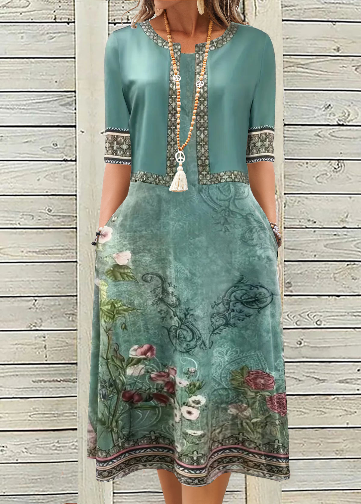 Turquoise Two Piece Floral Print Dress and Cardigan