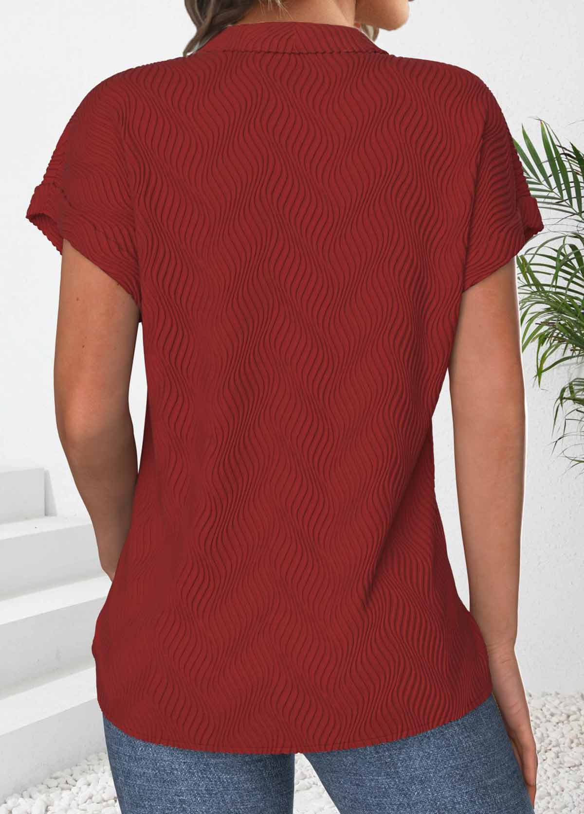 Wine Red Zipper Short Sleeve Polo Collar Shirt