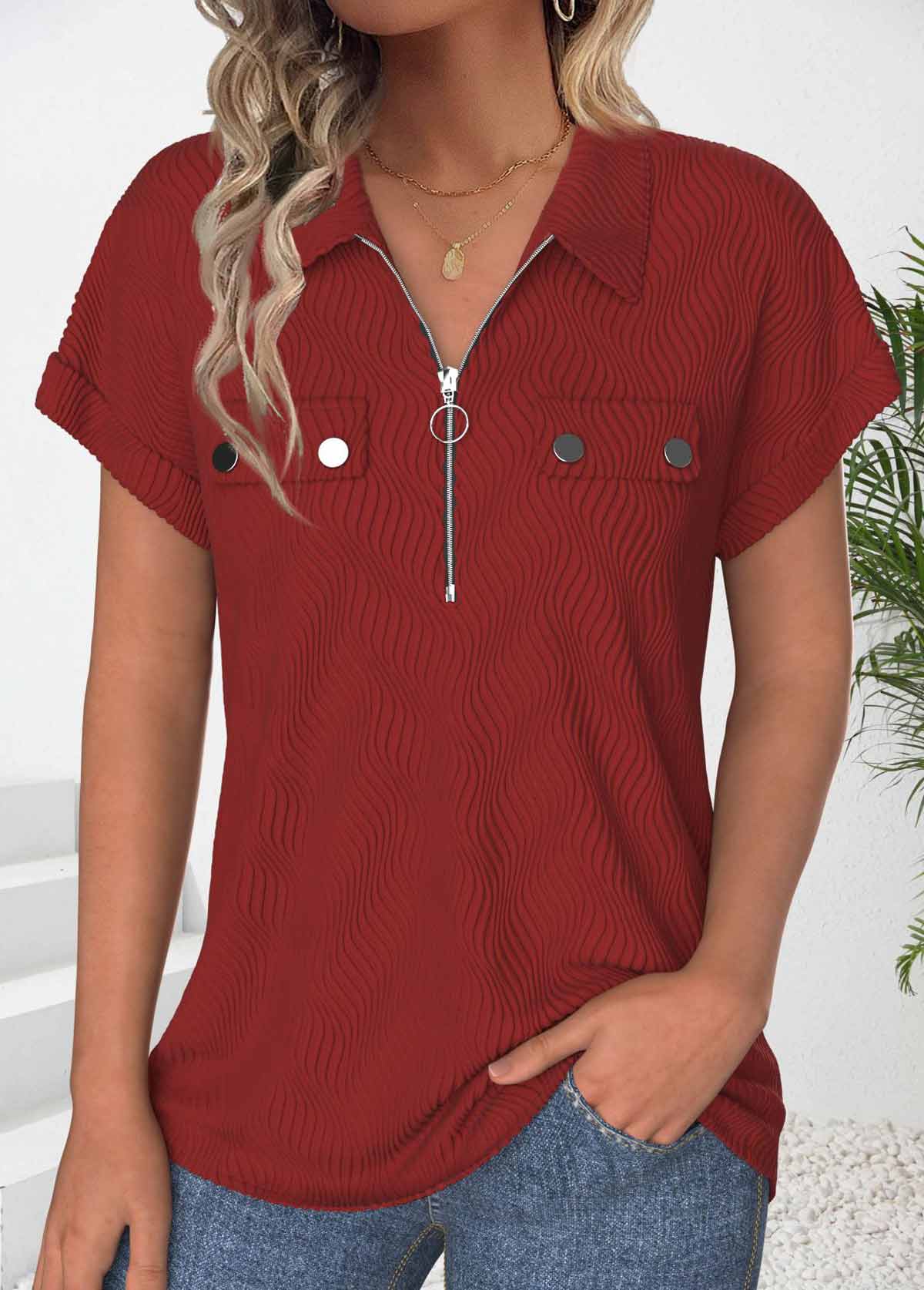 Wine Red Zipper Short Sleeve Polo Collar Shirt