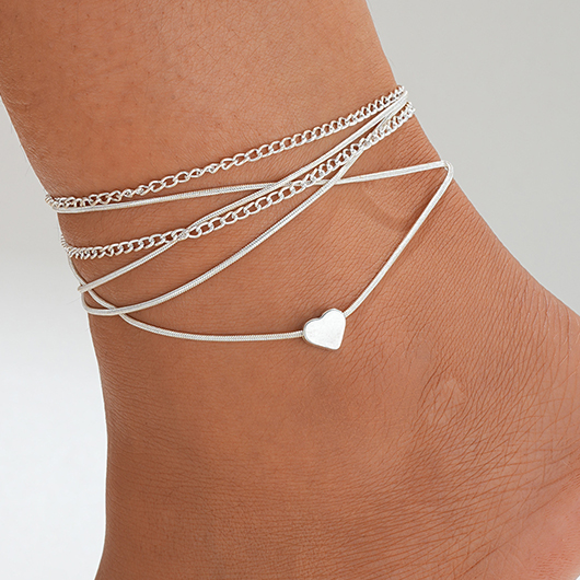 Layered Silvery White Heart Alloy Anklet