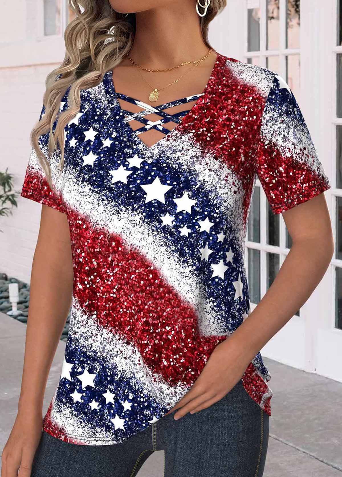 Plus Size Navy Criss Cross Flag Print T Shirt | picture 