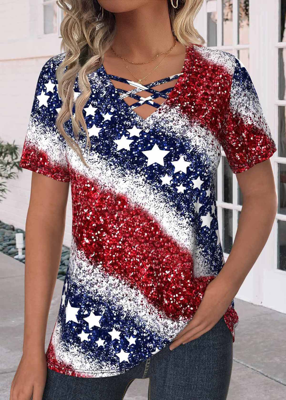 Plus Size Navy Criss Cross Flag Print T Shirt | picture 