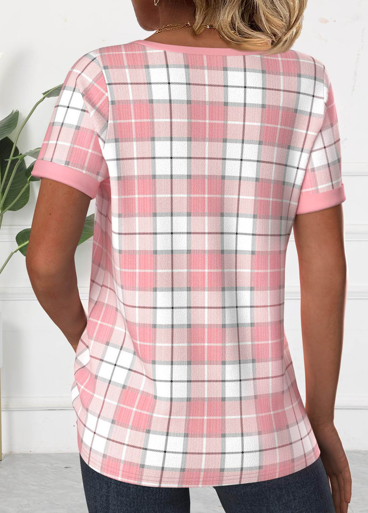 Light Pink Patchwork Plaid Short Sleeve T Shirt