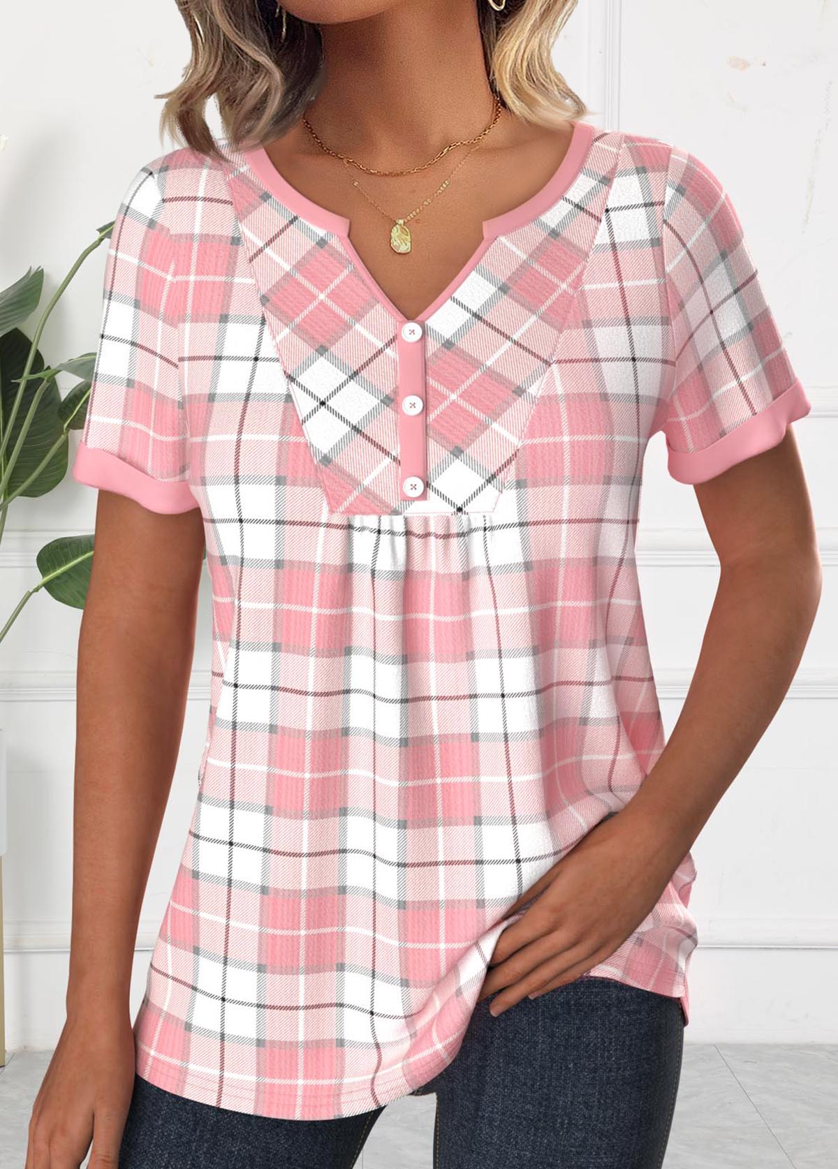 Light Pink Patchwork Plaid Short Sleeve T Shirt | picture 