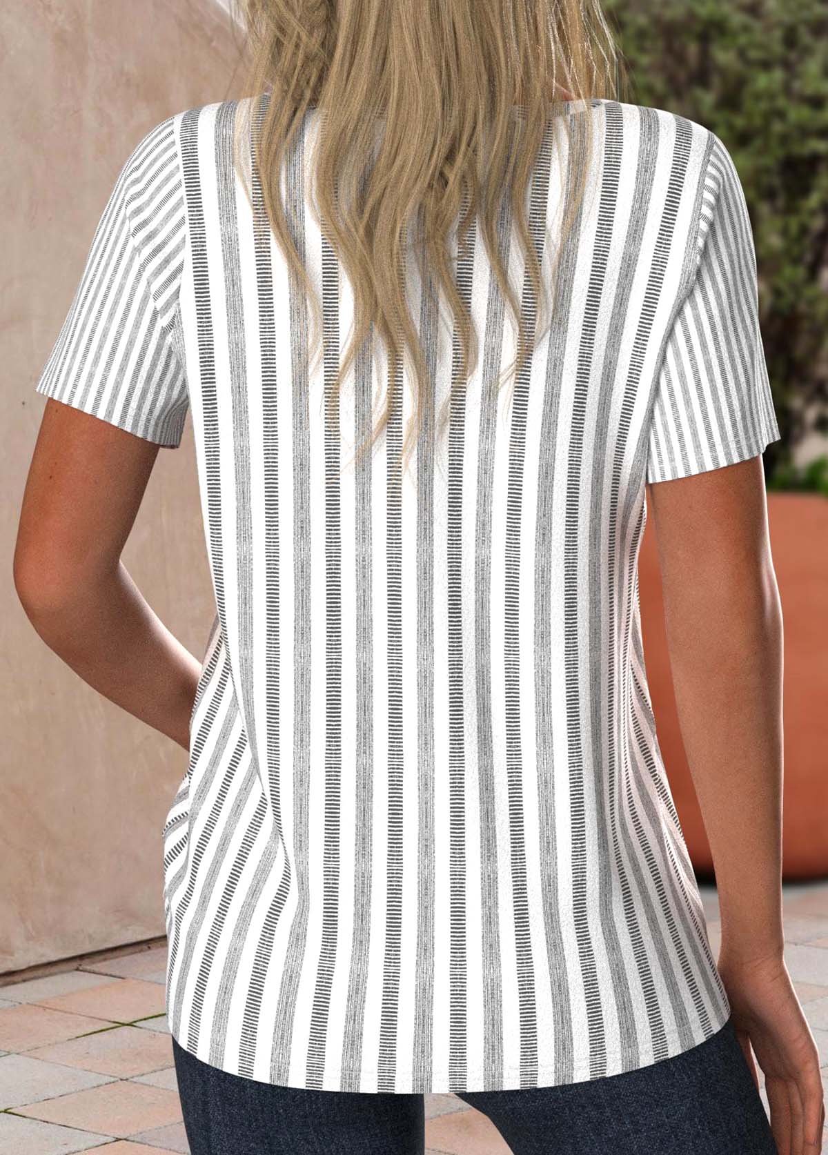Plus Size Light Grey Button Striped T Shirt