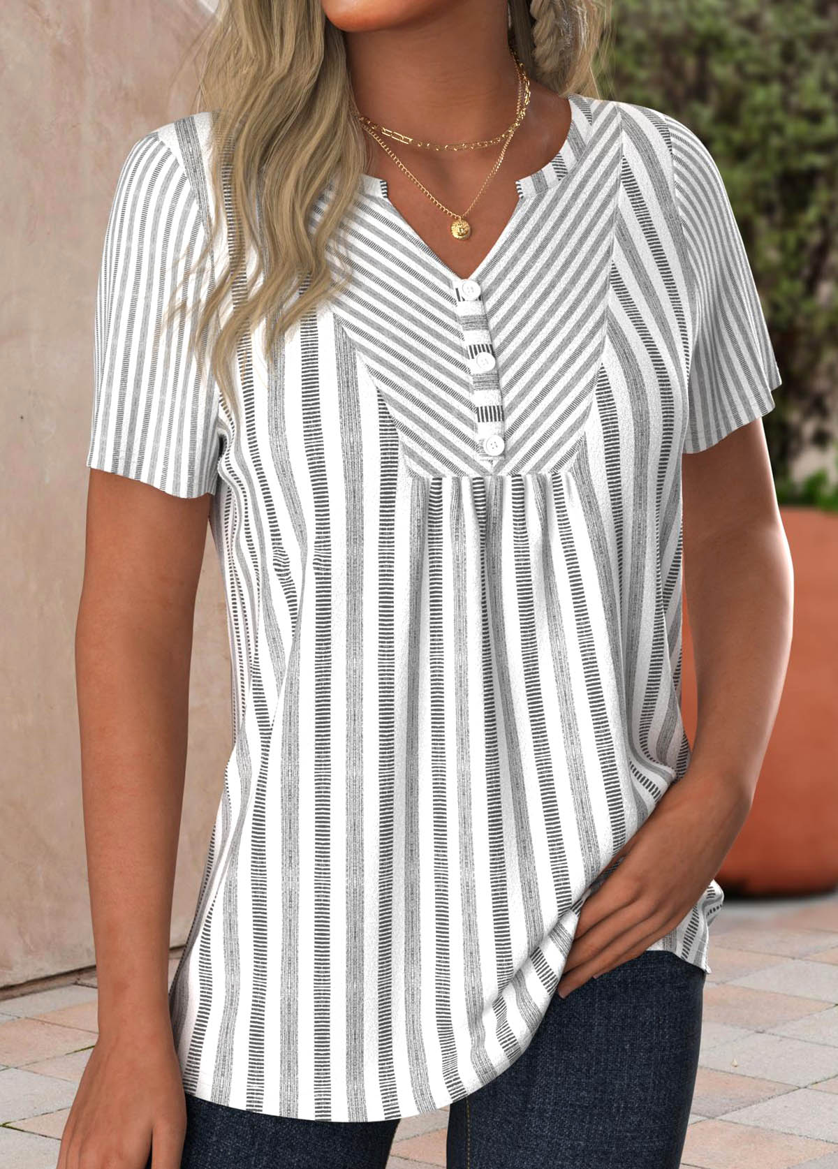 Light Grey Button Striped Short Sleeve T Shirt