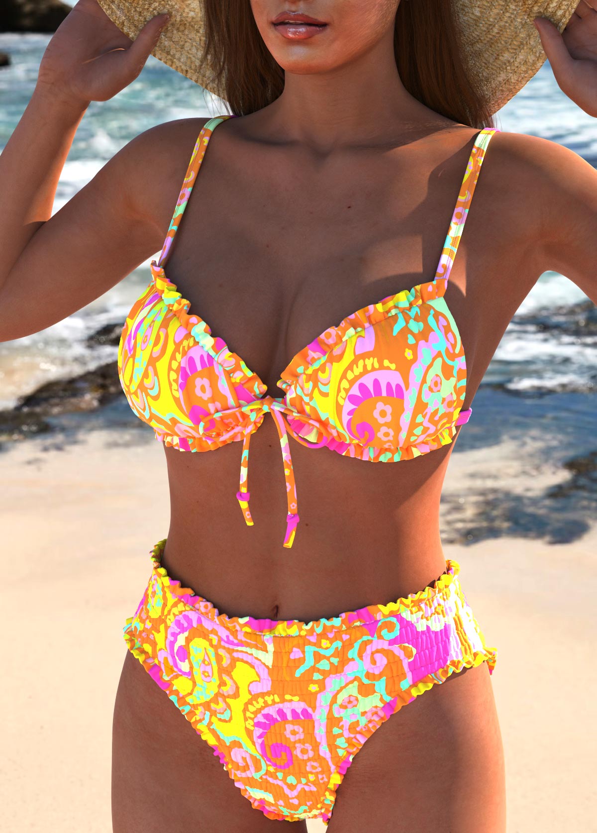 Frill Paisley Print Multi Color Bikini Set