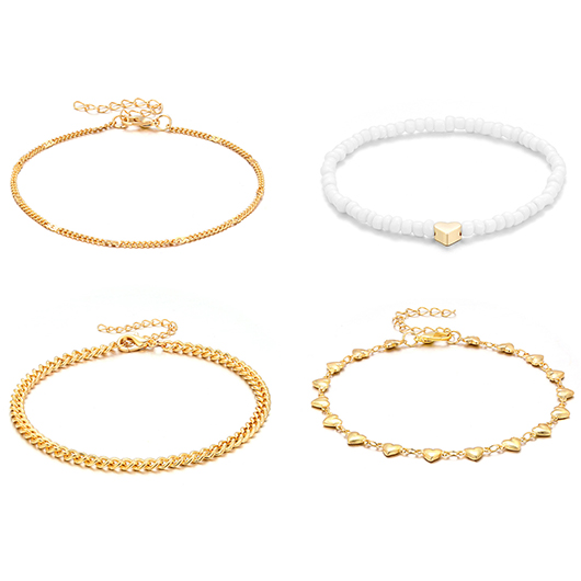 Gold Heart Layered Beaded Alloy Anklets