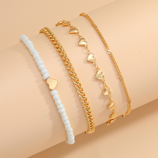 Gold Heart Layered Beaded Alloy Anklets