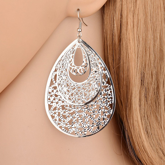 Silvery White Geometric Teardrop Metal Earrings