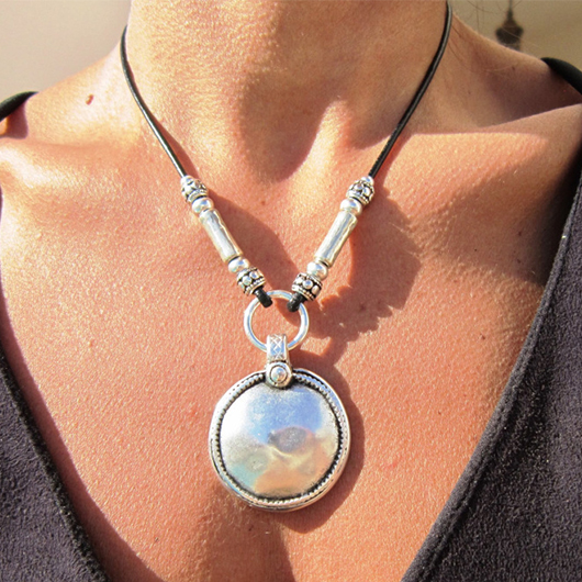 Silvery White Round Faux Leather Necklace
