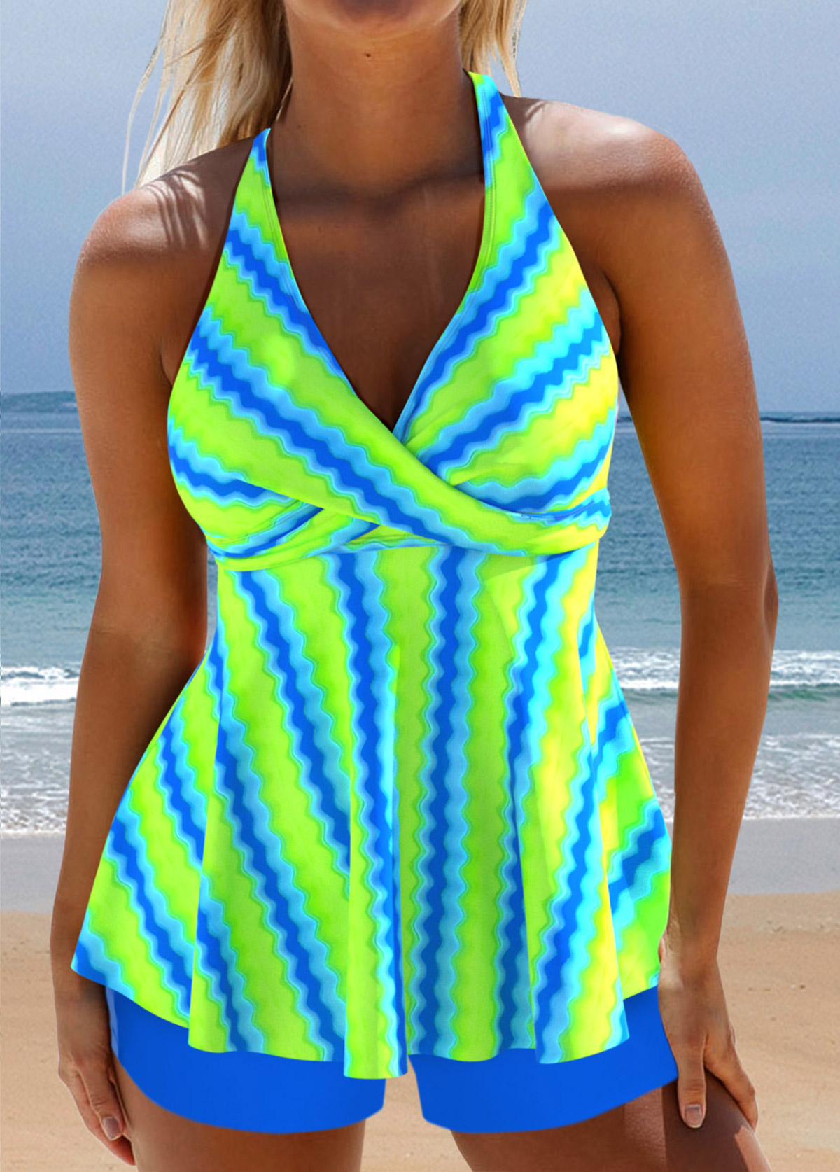 Surplice Wave Pattern Print Neon Green Tankini Set | picture 