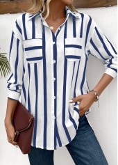 Blue Button Striped Long Sleeve Shirt