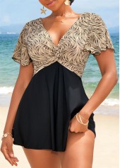 Patchwork Geometric Print Light Camel Swimdress and Panty