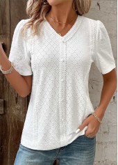 White Patchwork Short Sleeve V Neck Blouse