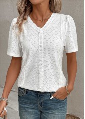 White Patchwork Short Sleeve V Neck Blouse