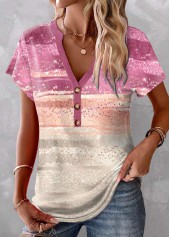 Pink Patchwork Ombre Short Sleeve V Neck T Shirt