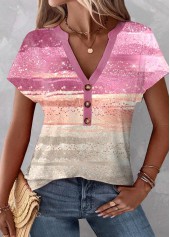 Pink Patchwork Ombre Short Sleeve V Neck T Shirt | thumb picture 