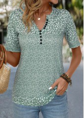 Sage Green Button Ditsy Floral Print T Shirt