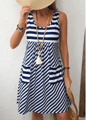 Navy Pocket Striped A Line Sleeveless Scoop Neck Dress