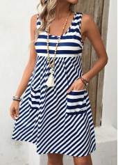 Navy Pocket Striped A Line Sleeveless Scoop Neck Dress | thumb picture 