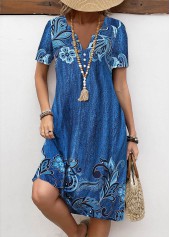 Denim Blue Button Floral Print A Line Dress