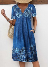 Denim Blue Button Floral Print A Line Dress | thumb picture 