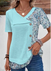 Light Blue Patchwork Tribal Print Short Sleeve T Shirt