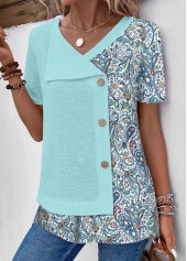 Light Blue Patchwork Tribal Print Short Sleeve T Shirt | thumb picture 