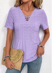 Light Purple Circular Ring Short Sleeve V Neck Blouse