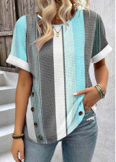 Blue Patchwork Striped Short Sleeve Round Neck T Shirt