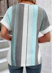 Blue Patchwork Striped Short Sleeve Round Neck T Shirt | thumb picture 
