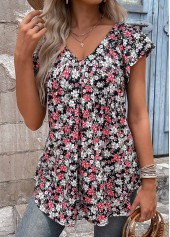 Black Ruched Floral Print Short Sleeve T Shirt