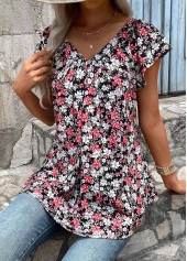 Black Ruched Floral Print Short Sleeve T Shirt