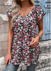 Black Ruched Floral Print Short Sleeve T Shirt