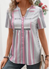 Pink Patchwork Striped Short Sleeve Split Neck Blouse | thumb picture 