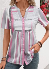 Pink Patchwork Striped Short Sleeve Split Neck Blouse | thumb picture 