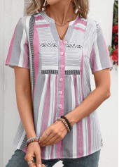 Pink Patchwork Striped Short Sleeve Split Neck Blouse | thumb picture 