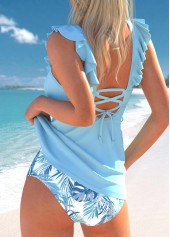 Lace Up Leaf Print Light Blue Tankini Set | thumb picture 