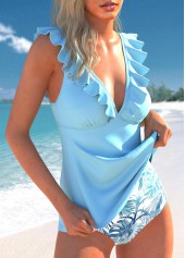 Lace Up Leaf Print Light Blue Tankini Set | thumb picture 