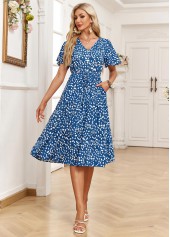 Denim Blue Pocket Ditsy Floral Print Short Sleeve Dress