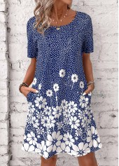Blue Pocket Floral Print Short Round Neck Dress | thumb picture 