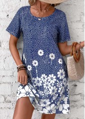Blue Pocket Floral Print Short Round Neck Dress | thumb picture 