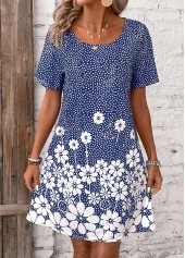 Blue Pocket Floral Print Short Round Neck Dress | thumb picture 