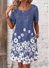Blue Pocket Floral Print Short Round Neck Dress